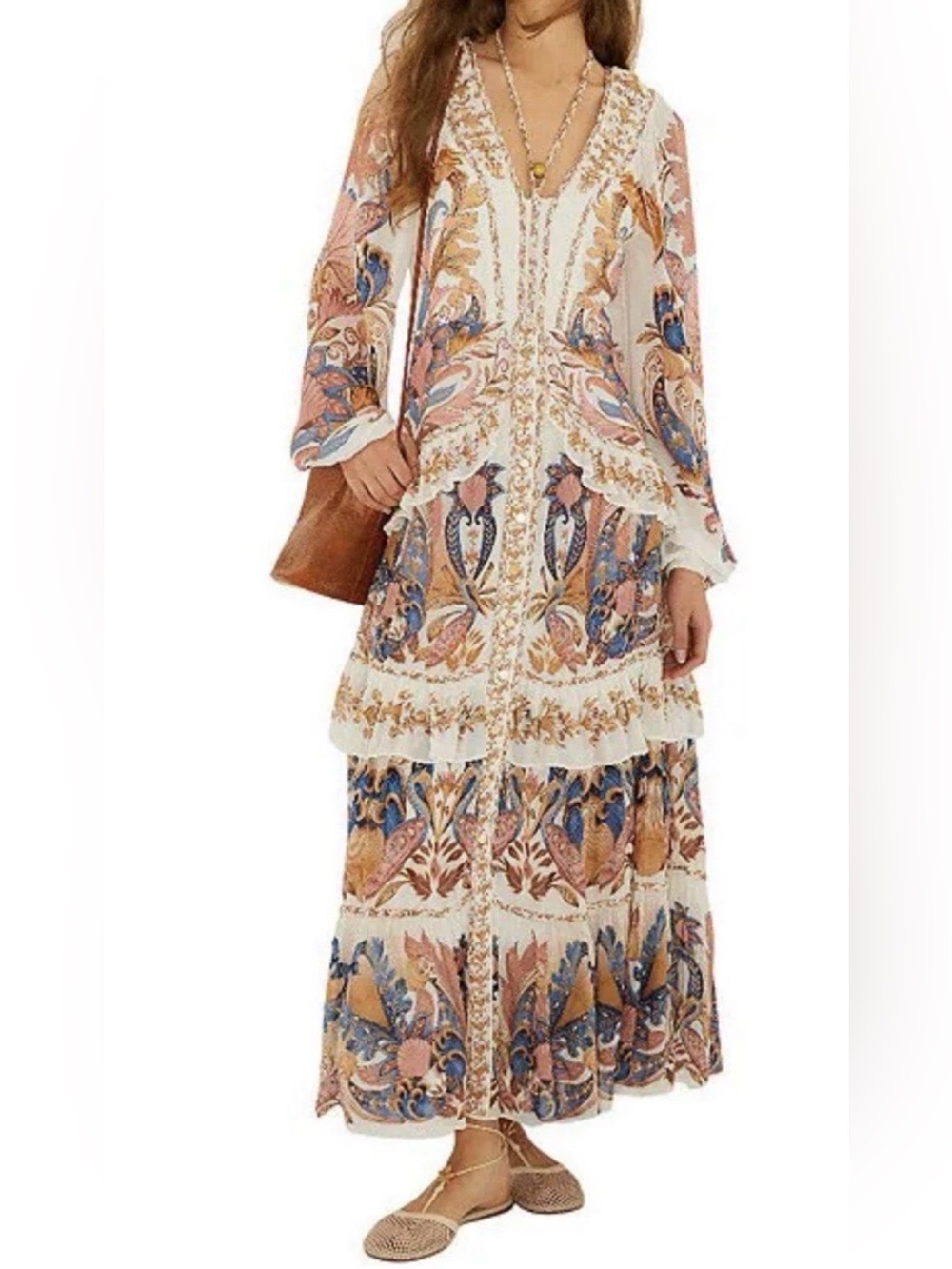 NWT Farm Rio Sea Garden Braided Border Floral Print V- Neck Tiered Maxi Dress S